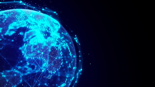 Abstrakt planet jorden med partiklar och ett anslutet skal med linjer Global nätverksanslutning Vetenskap och teknik 3D-rendering