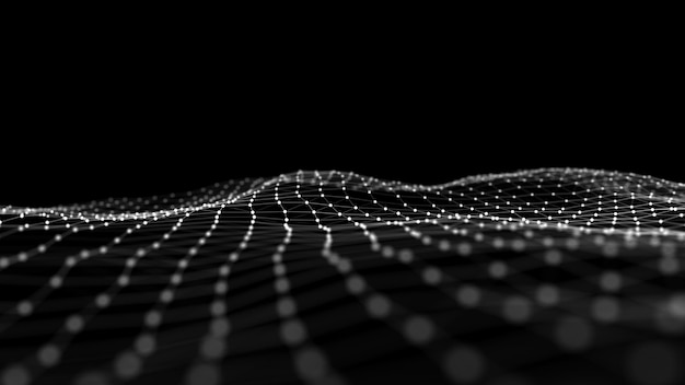 Abstrakt vågbakgrund med prickar och linjer som rör sig i rymden. Teknikillustration. Futuristisk modern dynamisk våg. 3D-rendera