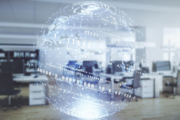 Abstrakt virtuellt kodningskoncept och världskarta hologram på en modern möblerad kontors bakgrund Multiexponering