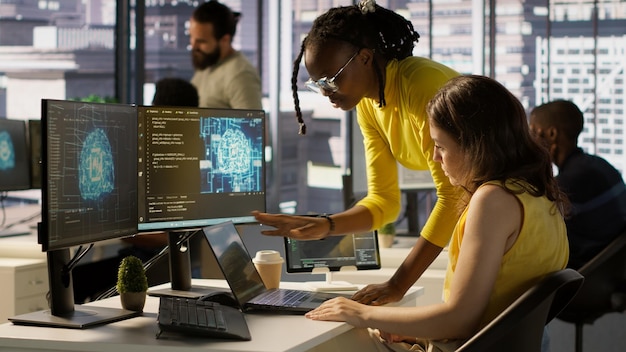 Admin and coworker conducting experiments and tests to optimize AI