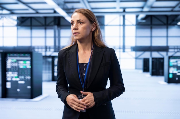 Admin in server room maintaining and optimizing data center infrastructure
