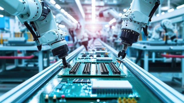 advanced high precision robot arms on fully automated pcb assembly line inside modern electronics factory