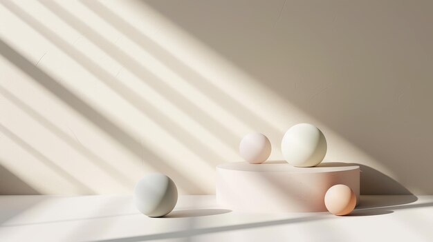 Aesthetic white and beige podium with pastel matte spheres of different sizes Luxury Generative AI