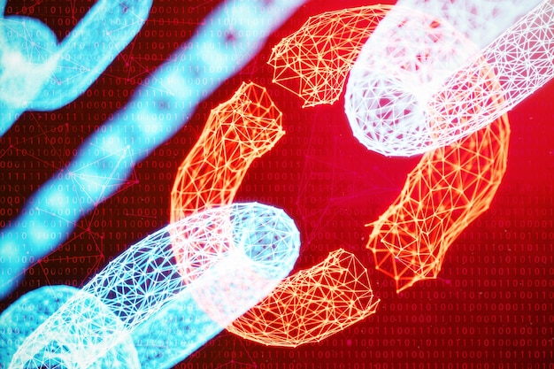 Afbrudt, brudt kæde, digital blockchain-teknologi. Kryptovaluta, koncept for digital kode. Blockchain-koncept. Lavt polygonalt gitter af trekanter, der lyser i blåt priknetværk, 3D illustration