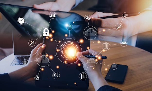 Affärsmän Fingeravtrycksskanning och biometrisk autentiseringsbehandling av biometri för åtkomst till personlig dataövervakning och säkerhetsskanning av digitala program cyberfuturistiska applikationer