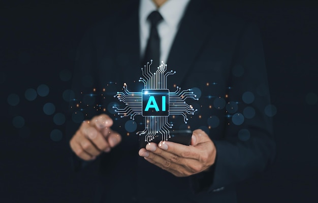 Affärsman som berör AI, AI Artificiell intelligens AI-maskin, koncept för djupinlärning