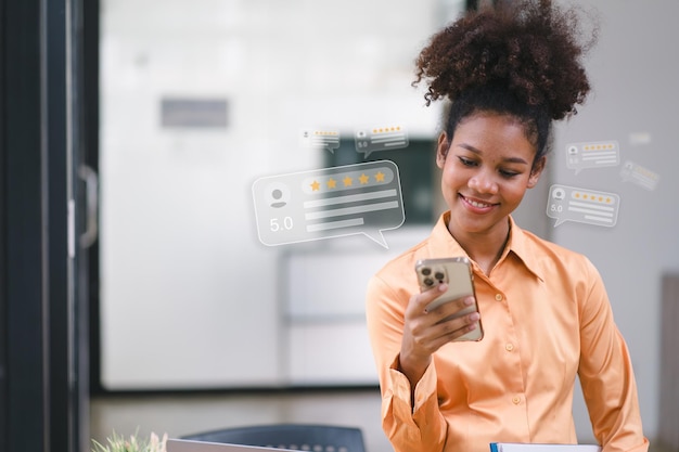 African American customer providing five satisfaction ratings Customer review satisfaction feedback survey concept