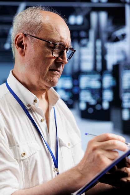 aged computer scientist in crypto mining farm with specialized infrastructure using blockchain technology fintech employee holding clipboard inspecting asic racks solving complex hashing operations