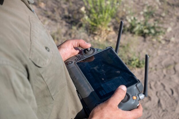 Agricultural drone radio control operated by farmer