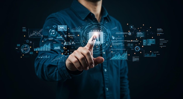 AI and the Future of Business businessman pressing social network icon