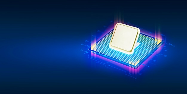 AI artificial intelligence concept Close up of blank microprocessor glowing on dark background Futuristic innovative technologies 3D illustration