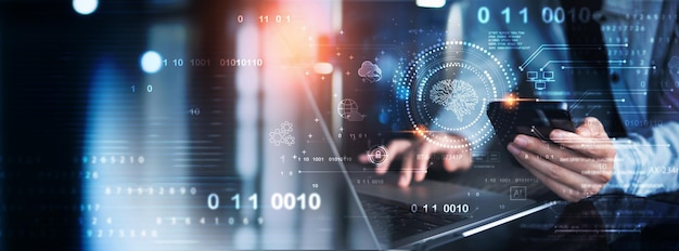 AI Artificial Intelligence innovative technology Businessman working on digital tablet with machine learning data engineering technology coding software development and network connection