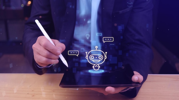 AI Artificial Intelligence Technology concept Businessman holding a glowing lightbulb with AI