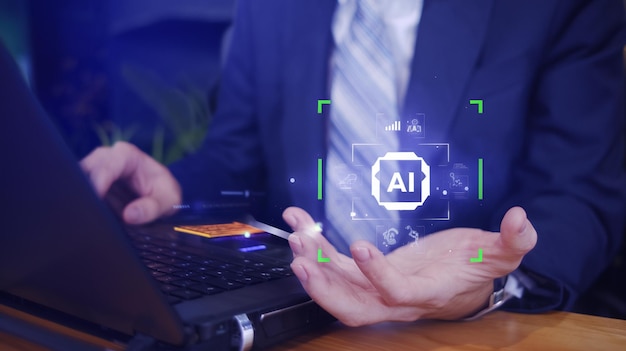 AI chat technology Businessman use smartphone with virtual screen of AI chatbot communicate