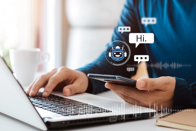 AI Chatbot intelligent digital customer service application concept computer mobile application uses artificial intelligence chatbots automatically respond online messages to help customers instantly
