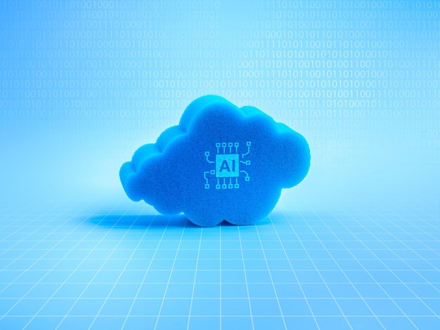 ai cloud computing infrastructure technology digital data system storage service concept ai chip icon on 3d cloud with binary code hologram and network grid pattern on blue background minimalist