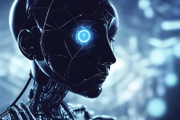 AI eller artificiell intelligens i humanoidhuvud. Teknik, framtidskoncept. Digital 3D-illustration