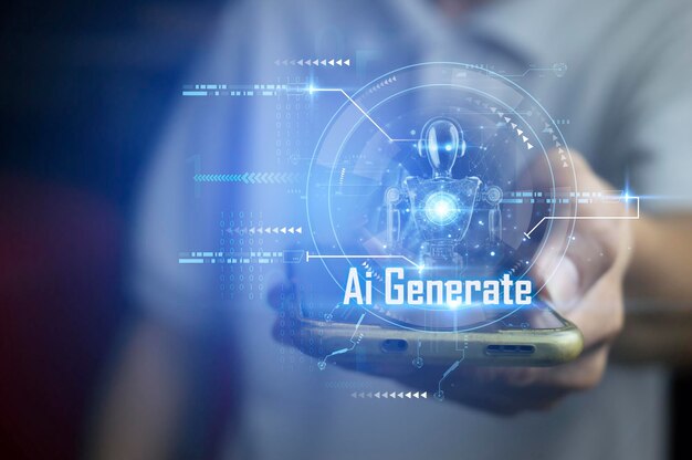 Ai Generate Ai tech businessman show virtual graphic Global Internet connect Chat with AI Artificial Intelligence using command prompt for generates something Futuristic technology transformation