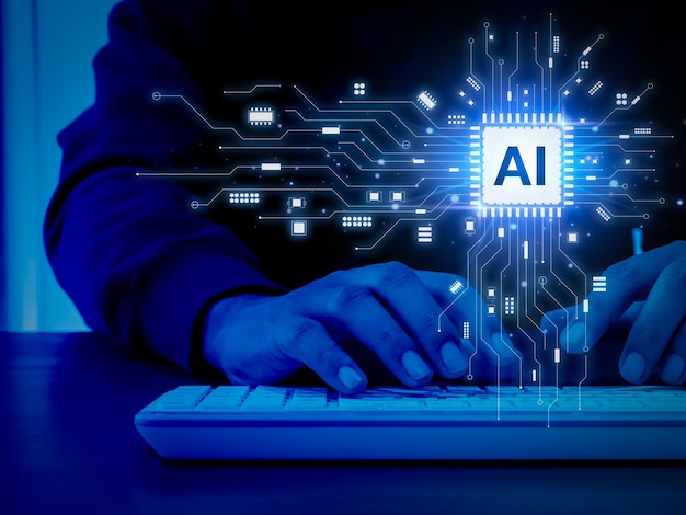ai generated futuristic technology ai chip showing while businessman hands while using computer blue tone artificial intelligence service tools automate tasks analyze data and make predictions