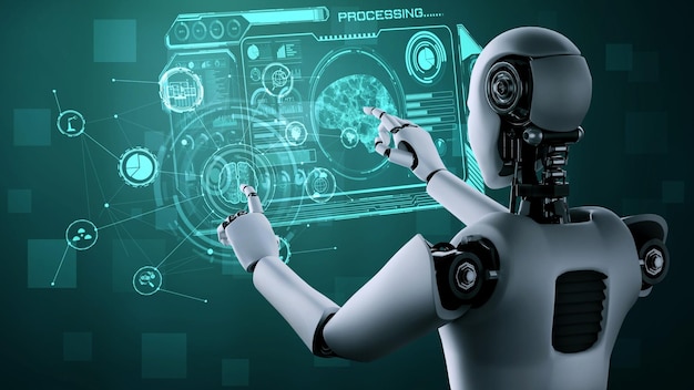 AI hominoid robot touching virtual hologram screen showing concept of AI brain