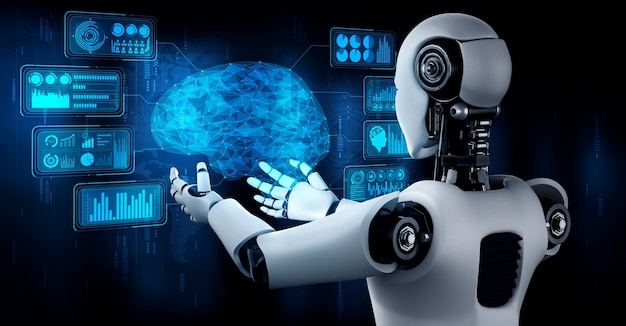 AI humanoid robot holding virtual hologram screen showing concept of AI brain