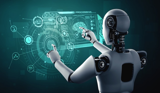 AI humanoid robot touching virtual hologram screen showing concept of AI brain