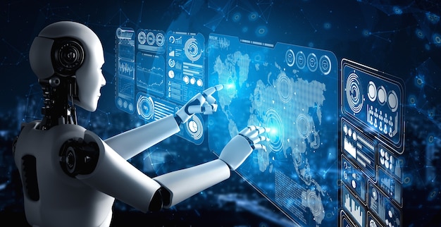 ai humanoid robot touching virtual hologram screen showing concept of big data