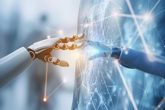 AI Machine learning Hands of robot and human touching on big data network connection Data exchange deep learning Generative AI
