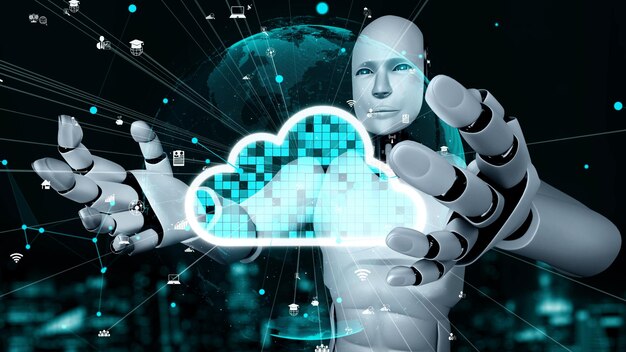 AI robot huminoid uses cloud computing technology to store data on online server