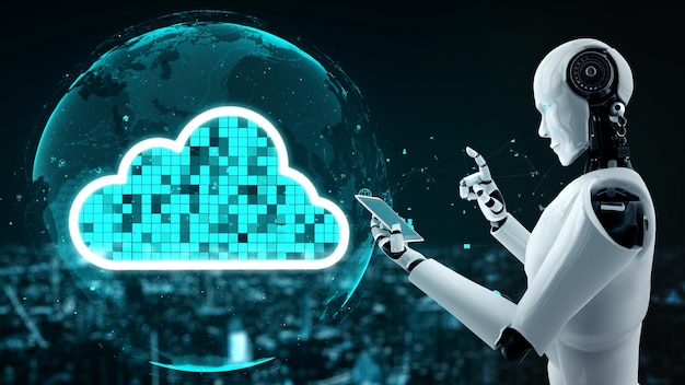 ai robot huminoid uses cloud computing technology to store data on online server