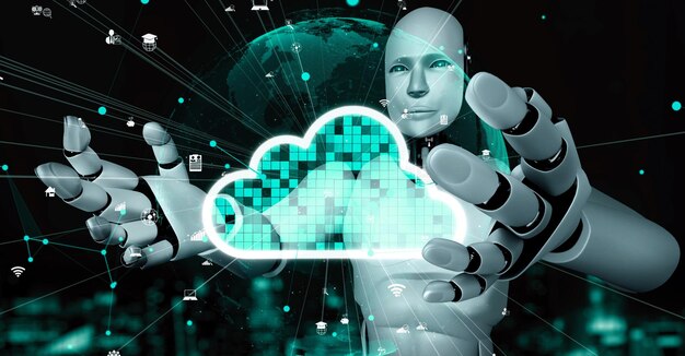 AI robot huminoid uses cloud computing technology to store data on online server
