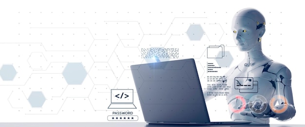 AI robot process automation RPA security cloud digital technology futuristic background 3D robot on global online network virtual communication IoT VPN cybersecurity security platform programming