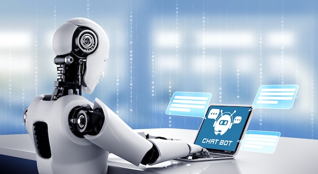 AI robot using computer to chat with customer.