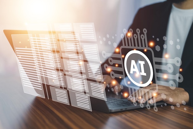 AI support document management concept Businessman using computer open AI system to help management data document in working office