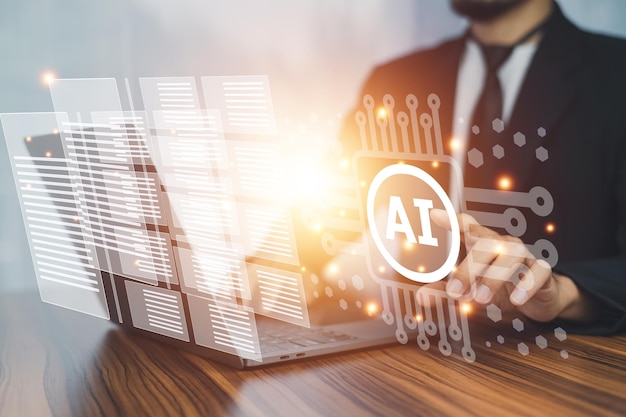 AI support document management concept Businessman using computer open AI system to help management data document in working office