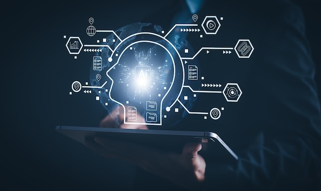 AI tech Business person chatting with a smart AI using an artificial intelligence chatbot developed by OpenAI Artificial Intelligence Futuristic technology transformation Searching for Education
