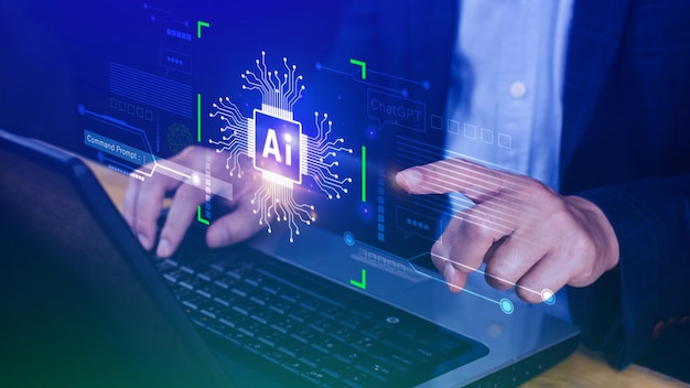 Ai tech Businessman using virtual graphic Global Internet connect Chatgpt Chat with AI Artificial Intelligence using command prompt for generates something Futuristic technology transformation