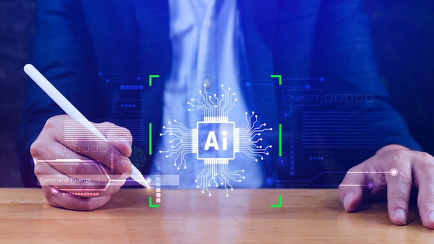Ai tech Businessman using virtual graphic Global Internet connect Chatgpt Chat with AI Artificial Intelligence using command prompt for generates something Futuristic technology transformation