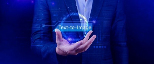 Ai tech Text to image virtual graphic with AI Artificial Intelligence using command prompt for generates something Futuristic technology transformation