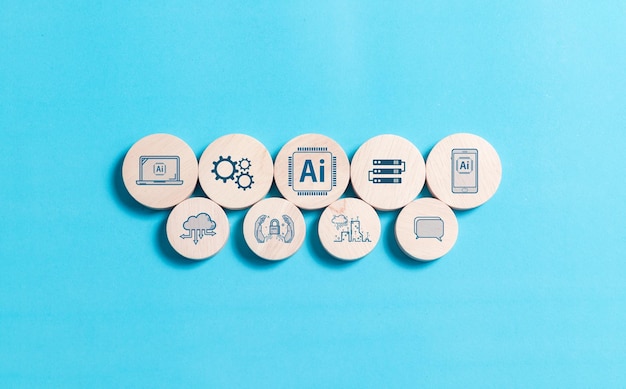 AI technology AI artificial intelligence technology icons on circle wooden block for technology smart robot science innovation futuristic