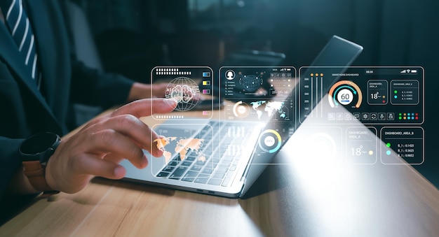AI Technology Businessman touch brain working data and Algorithm of Artificial Intelligence in the future business and coding software development synchronize network connection Data science