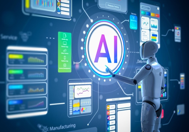 ai technology with humanoid robot with hud graphic interface