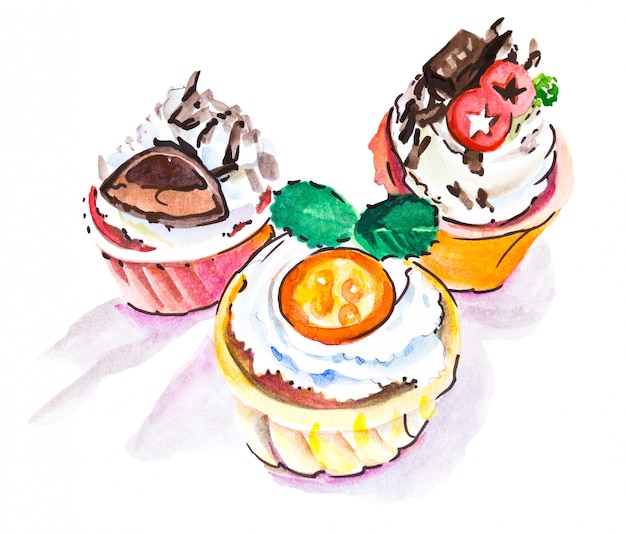 Akvarel tegning af tre forskellige cupcakes