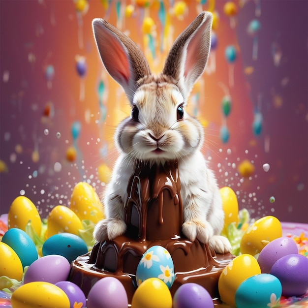 amazing image of a bunny standing in a chocolate fountain with some colorful eggs around