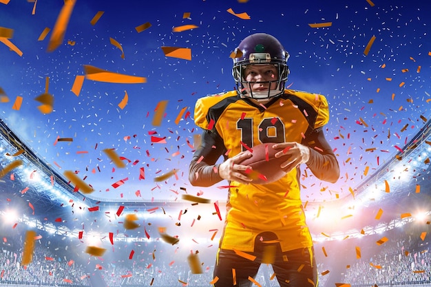 american football player standing on the big modern stadium. mixed media