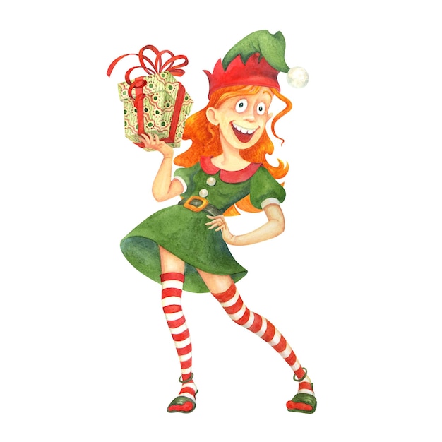 Amusing cartoon elf girl with a gift box in her right hand Isolated watercolor character or mascot
