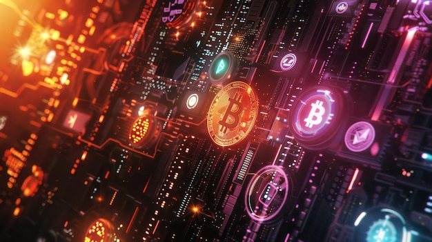 an abstract background featuring cryptocurrency logos and digital wallets in a cgi 3d render with mo