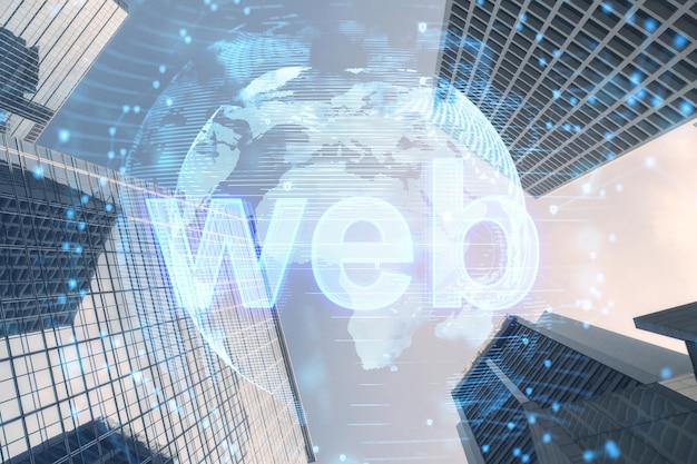 An artistic rendering of a modern city with skyscrapers and a transparent holographic globe displaying the word web overlaid