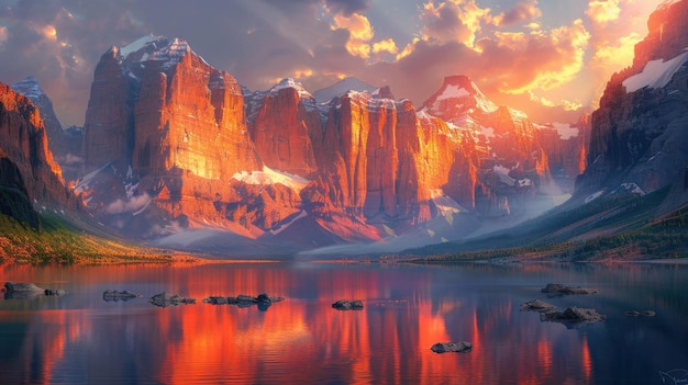 an aweinspiring shot of towering mountains during sunrise with the first rays of light illuminating the rugged cliffs and casting long shadows the sky is painted in shades of orange and pink