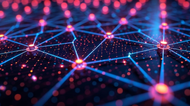 An expansive network of interconnected nodes and lines representing cryptographic blockchain technology illuminated with vibrant points of light